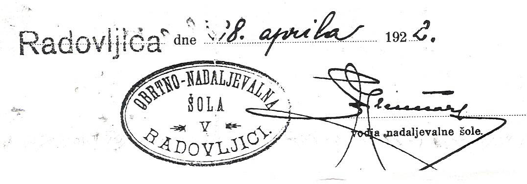 Žig »Obrtno nadaljevalne šole v Radovljici«, 1922